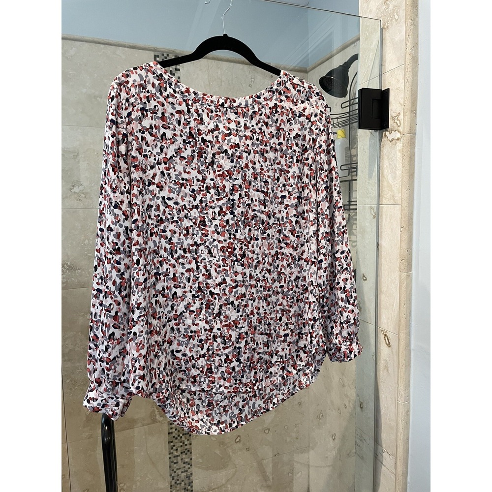 LOFT Gray Pink Red White Floral Boho Blouse Women's Medium Tie Back Long Sleeve